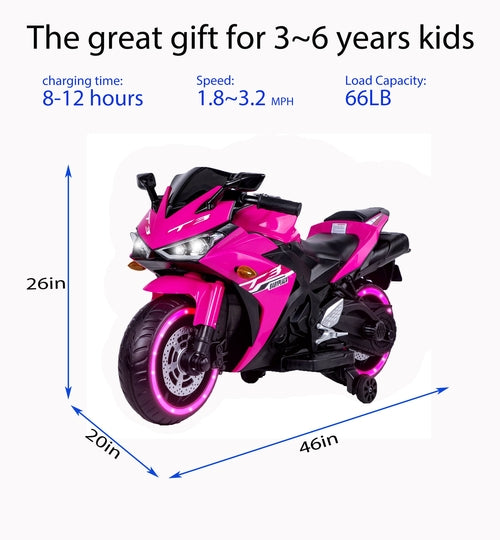 12V Motorcycles For Kids : With Training Wheels (Pink)